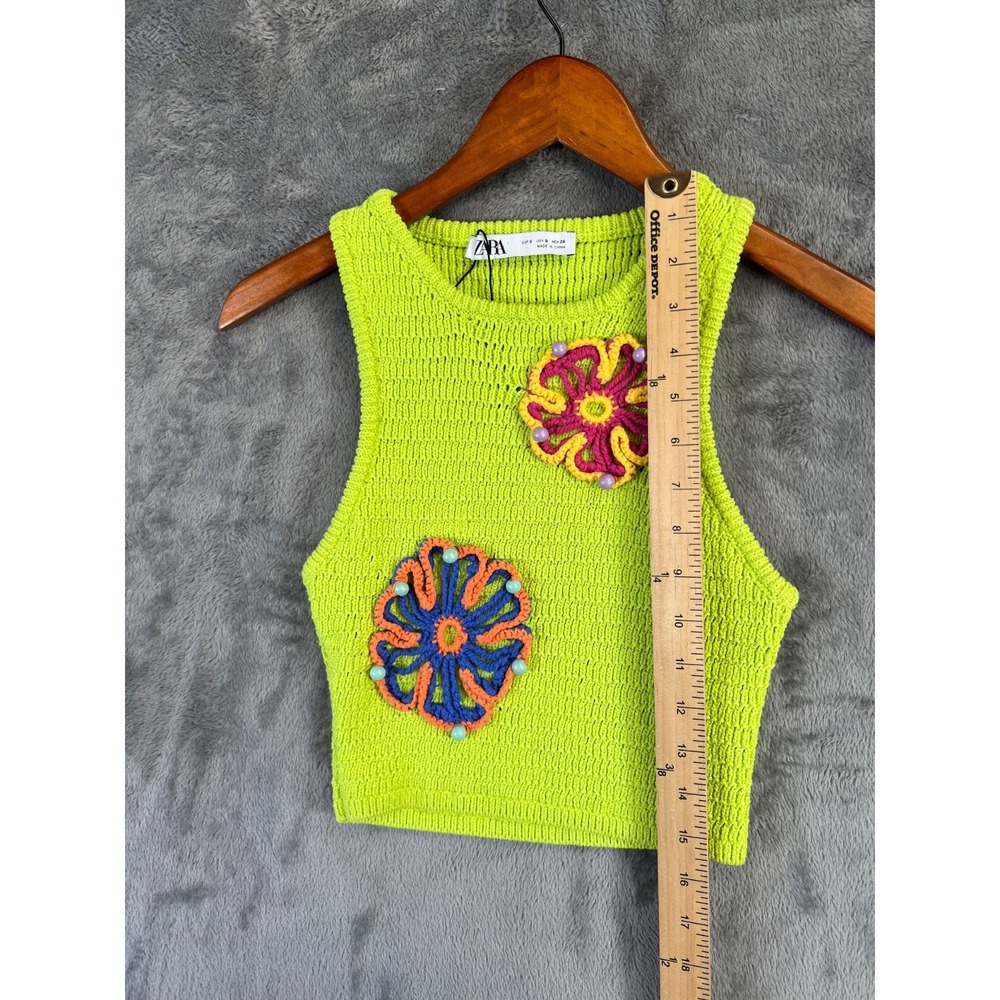 Zara Crochet Tank Top Small Neon Green 3D Floral Beaded Cropped Boho Festival - Picture 4 of 10